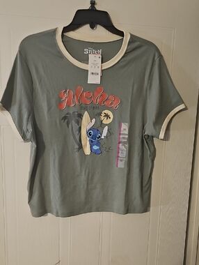 Disney Sage Green Ringer Tee with Cream Trim - Stitch Aloha Graphic
